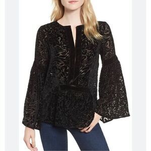 Kas New York Blouse Women's Small Black Velvet Burnout Bell Sleeve Peasant Top